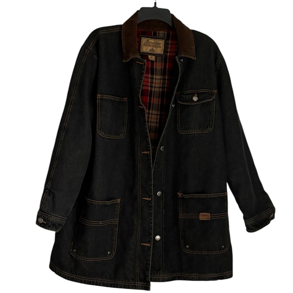 Women's Black Denim Field Jacket with Brown Trim and Flannel Lining - Picture 2 of 9